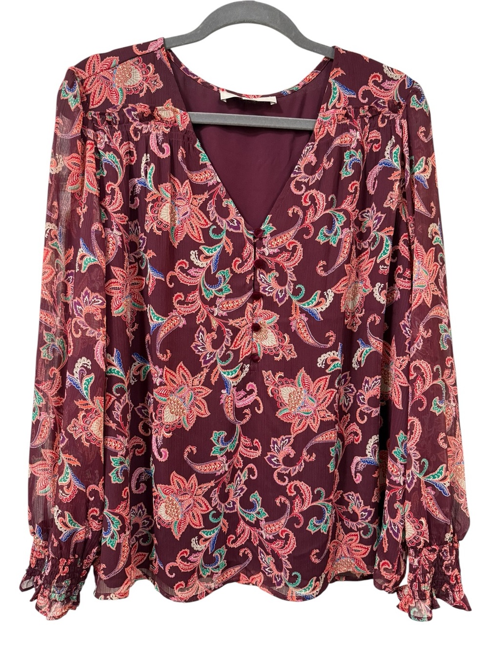 LOFT boho Paisley velvet button burgundy blouse XL romantic cottagecore